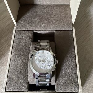 BURBERRY City Womens 38mm Swiss Chronograph Watch, Silver Dial, Stainless Steel